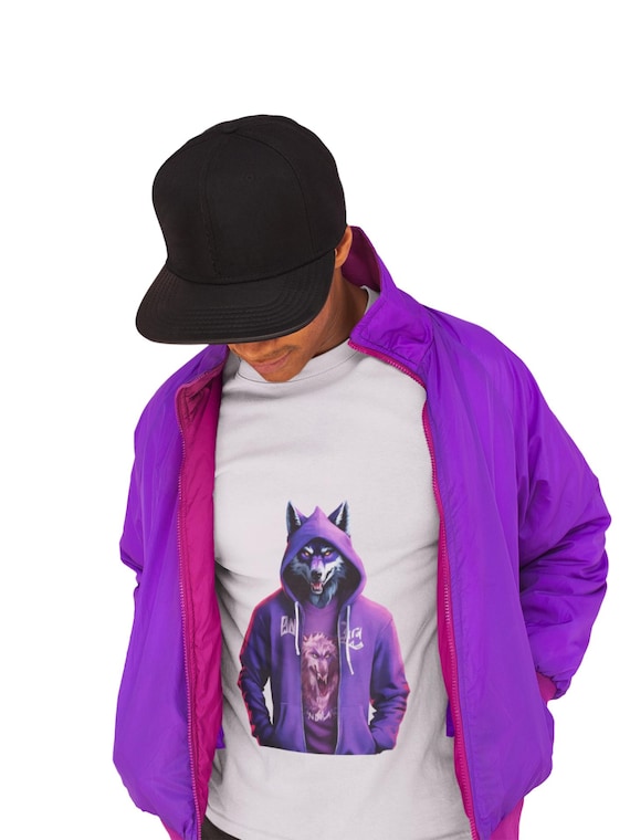 Neon Wolf in Hoodie T-Shirt | Cyberpunk Wolf Graphic Tee