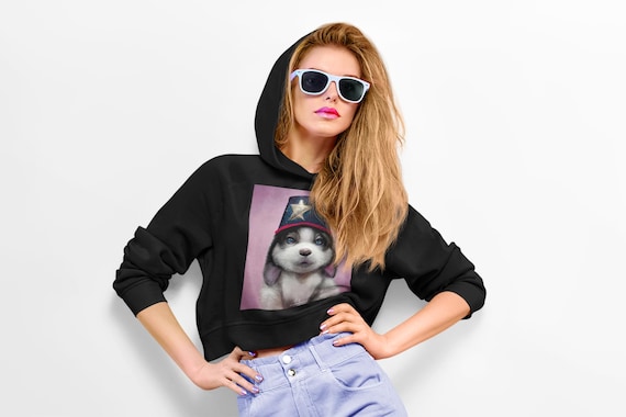 Husky Puppy with Fez Hat Crop Hoodie | Cute Dog Portrait