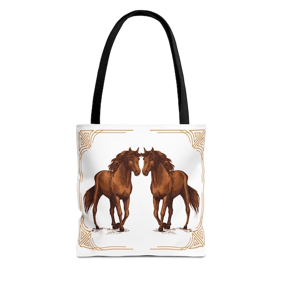 Brown Horse Pair Tote | Mirrored Horses with Art Deco Corner Frame