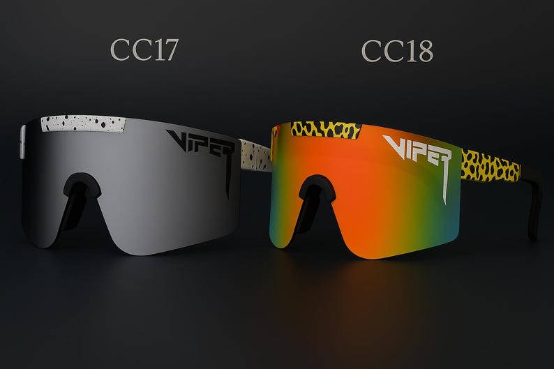 Puede incluir: Dos pares de gafas de sol Viper. Un par tiene una lente gris con detalles moteados blancos y el otro tiene una lente degradada naranja y verde con un estampado de leopardo en la montura. Los textos "CC17" y "CC18" est&aacute;n encima.