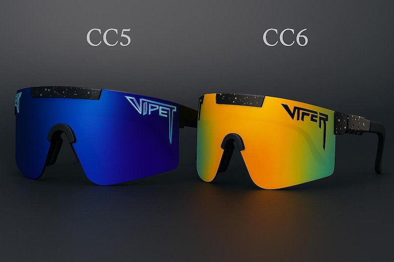 Puede incluir: Dos pares de gafas de sol Viper. Un par tiene lentes azules, el otro tiene lentes amarillo-naranja. Ambos tienen monturas negras y la palabra "VIPER" impresa en las lentes. Las gafas de sol est&aacute;n etiquetadas como "CC5" y "CC6".
