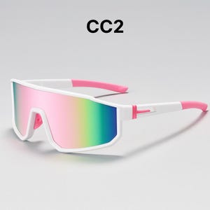May include: White sunglasses with pink and rainbow lenses. The sunglasses have a sporty design with a thick white frame and pink accents on the temples. The text "CC2" is printed on the top.