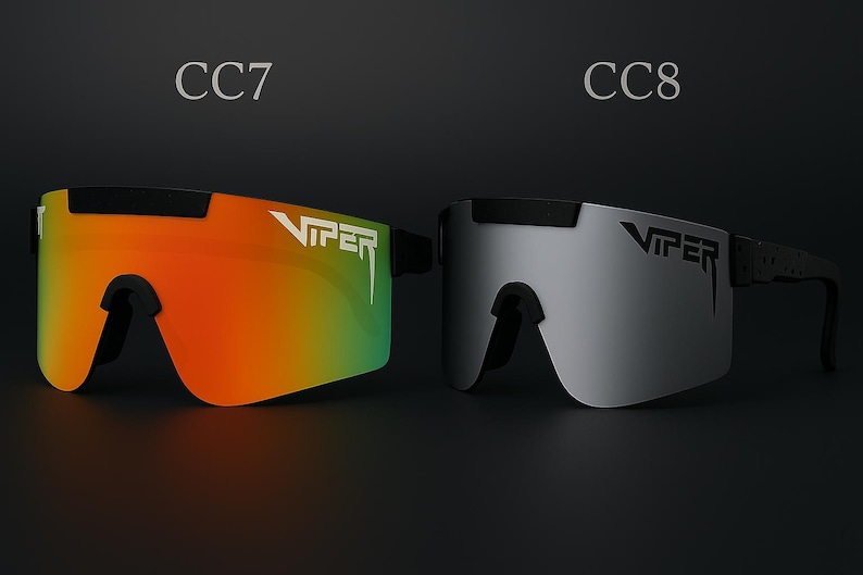 Puede incluir: Se muestran dos pares de gafas de sol Viper. Un par tiene una lente degradada de naranja a verde, el otro una lente plateada. Ambos tienen monturas negras y el logotipo de Viper en blanco.