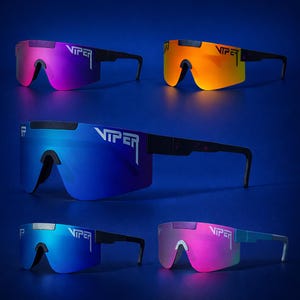 May include: A selection of Viper sunglasses in shades of purple, orange, blue, and pink. Each pair has a wraparound design with a black frame and the Viper logo in white. The lenses have a mirrored finish.