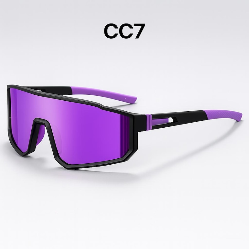 May include: Sport sunglasses with a black frame and purple lenses. The arms are black with purple tips. The text "CC7" is printed in black at the top.