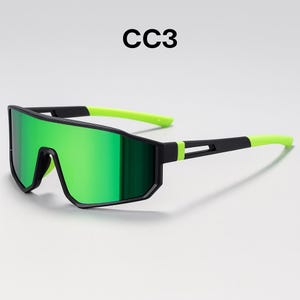 May include: Sport sunglasses with a black frame and bright green mirrored lenses. The arms are black with neon green tips. The text "CC3" is printed above the sunglasses.