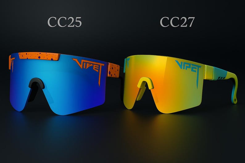 Puede incluir: Dos pares de gafas de sol deportivas. Un par tiene lentes azules con detalles en naranja y el texto "VIPET". El otro par tiene lentes amarillas con detalles en verde y el texto "VIPET". Los n&uacute;meros de modelo "CC25" y "CC27" son visibles.