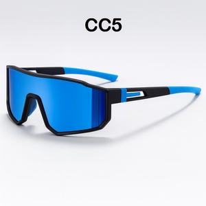 May include: Sport sunglasses with a black frame and blue mirrored lenses. The temples are black with blue accents and tips. The text "CC5" is printed in black at the top.