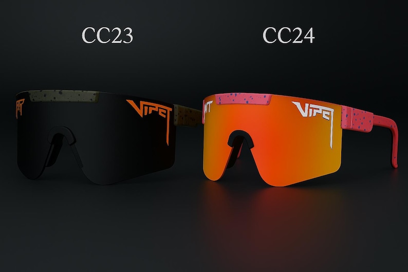 Puede incluir: Dos pares de gafas de sol Viper se muestran sobre un fondo oscuro. Un par tiene lentes negras con detalles naranjas, el otro tiene lentes naranjas y monturas rosas. Los textos "CC23" y "CC24" est&aacute;n encima de las gafas.
