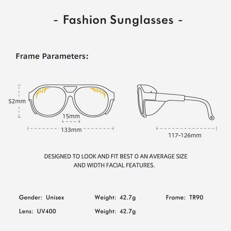 Puede incluir: Diagrama de gafas de sol de moda con par&aacute;metros de montura. La montura mide 133 mm de ancho, 52 mm de alto y 15 mm entre las lentes. Las gafas est&aacute;n dise&ntilde;adas para adaptarse a rostros promedio. Son unisex, pesan 42,7 g y tienen lentes UV400.