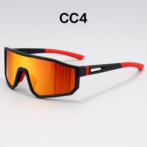 May include: Sport sunglasses with a black frame and red accents on the arms. The lenses are a vibrant orange color. The text "CC4" is printed in black at the top.