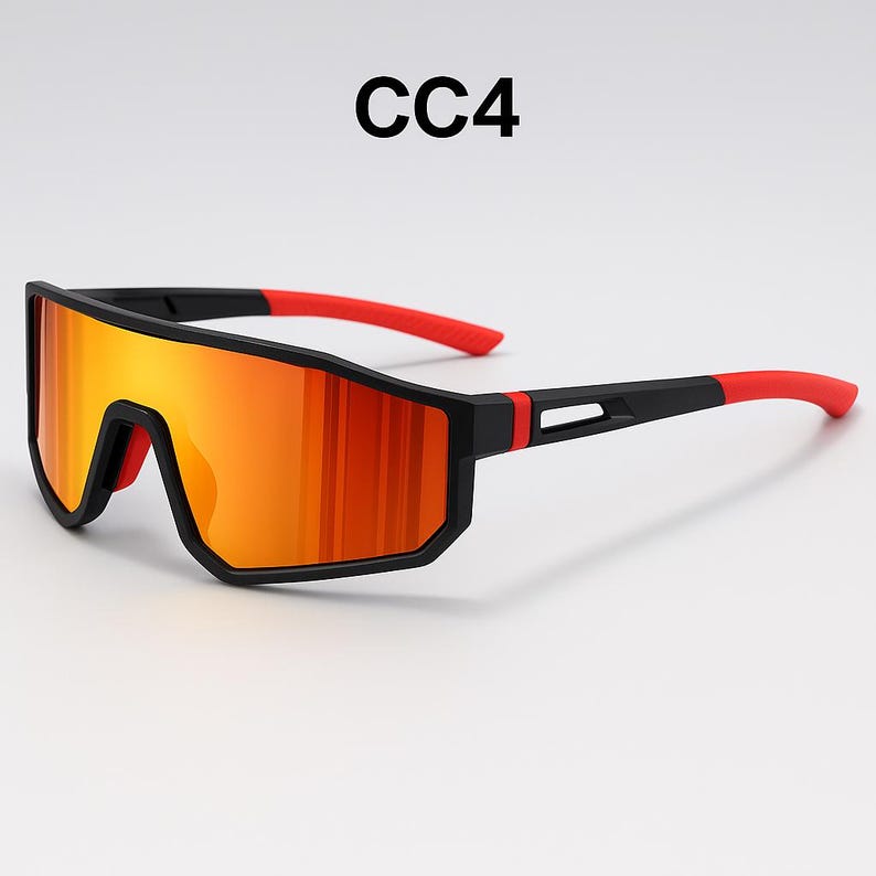 May include: Sport sunglasses with a black frame and red accents on the arms. The lenses are a vibrant orange color. The text "CC4" is printed in black at the top.