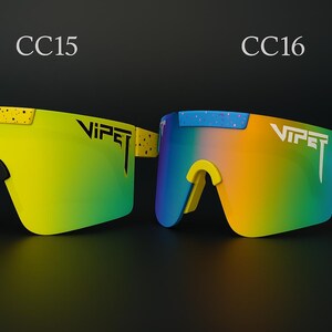 Puede incluir: Dos pares de gafas de sol de gran tama&ntilde;o con lentes degradadas vibrantes. Un par tiene un degradado amarillo y verde con patillas moteadas amarillas, el otro tiene un degradado azul y amarillo con patillas moteadas azules. La marca "VIPET" est&aacute; impresa en las lentes.
