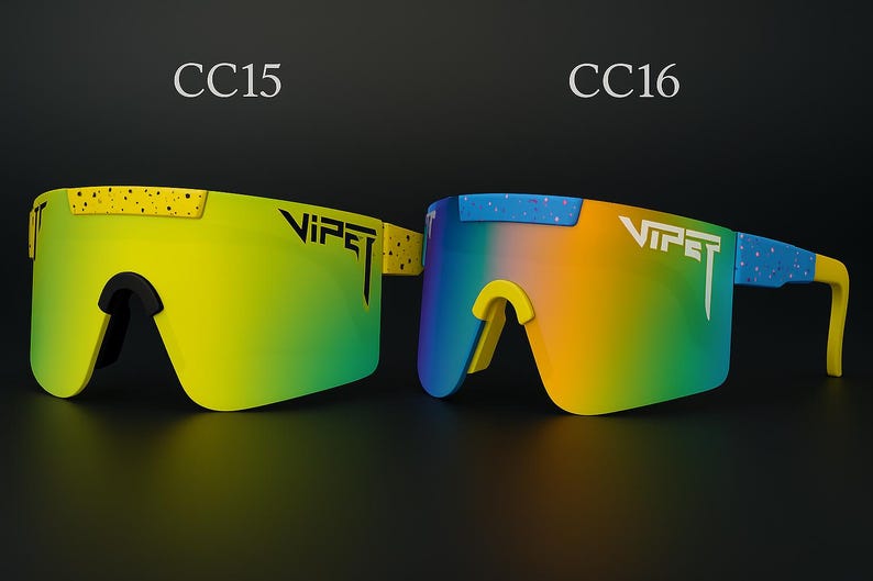Puede incluir: Dos pares de gafas de sol de gran tama&ntilde;o con lentes degradadas vibrantes. Un par tiene un degradado amarillo y verde con patillas moteadas amarillas, el otro tiene un degradado azul y amarillo con patillas moteadas azules. La marca "VIPET" est&aacute; impresa en las lentes.