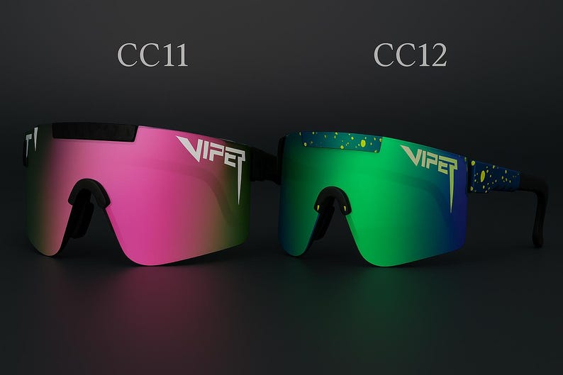 Puede incluir: Se muestran dos pares de gafas de sol Viper. Uno tiene lentes rosas, el otro verdes. Ambos tienen monturas negras y la palabra "VIPER" en blanco. Los n&uacute;meros de modelo "CC11" y "CC12" est&aacute;n encima de cada par.