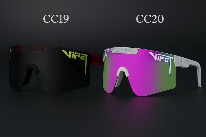 Puede incluir: Se muestran dos pares de gafas de sol deportivas sobre un fondo oscuro. Un par tiene una lente negra con montura roja y logotipo amarillo. El otro par tiene una lente rosa y verde con montura y logotipo blancos. Los textos "CC19" y "CC20" est&aacute;n encima de las gafas.