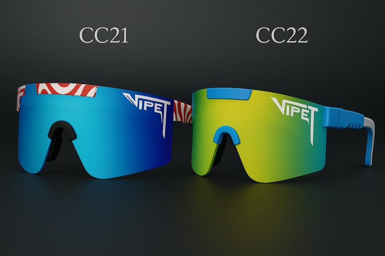 Puede incluir: Dos pares de gafas de sol deportivas. Un par tiene lentes azules con un patr&oacute;n rojo y blanco en la montura. El otro par tiene lentes amarillas y verdes con monturas azules. Ambos tienen la palabra "VIPET" en blanco.