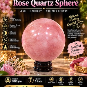 Stor polerad rosenkvartskula, 13 cm naturlig rosa kristallkula (3,375 kg)