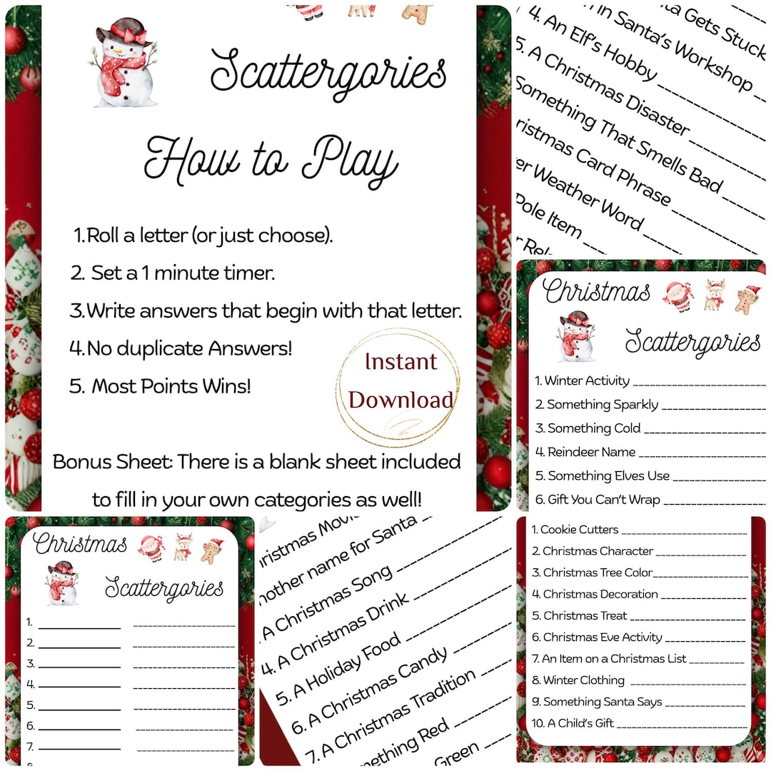 Christmas Scattergories Sheets/ 4 Printable Holiday Games /family