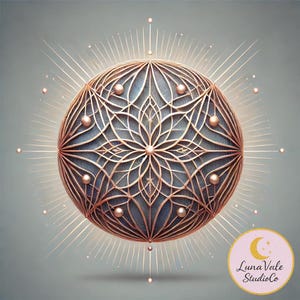 Op de afbeelding: Een gedetailleerd, goudkleurig, bolvormig ontwerp met ingewikkelde patronen en stralende lijnen. Het ontwerp heeft een centraal bloemmotief en kleine, bolvormige accenten. De achtergrond is een gedempt grijs en de afbeelding bevat een cirkelvormig logo met de tekst "Luna Vale StudioCo".