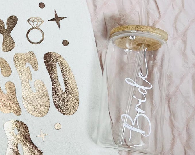 Personalised Bride Glass Cold Cup | Bamboo Lid and Straw | Custom Name Bridal Cup | Engagement Gift for Bride to Be | Wedding Planning