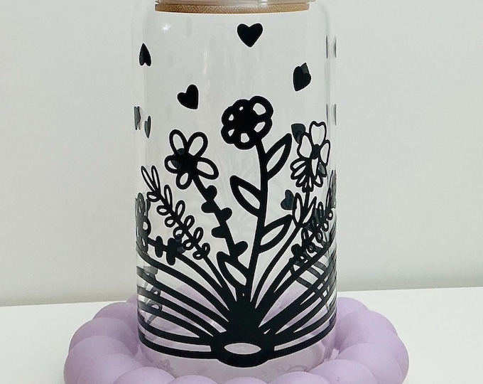 Featured listing image: Floral Glass Tumbler with Bamboo Lid & Straw, Personalized