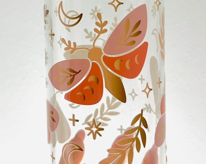 Moth Glass Tumbler | Celestial Boho Cup with Bamboo Lid