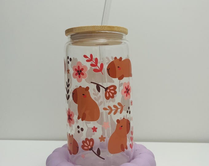 Featured listing image: Capybara glass tumbler with bamboo lid and straw