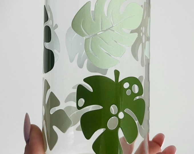Monstera Plant | Glass Iced Coffee Tumbler | 16oz with lid & straw | Plant Gift