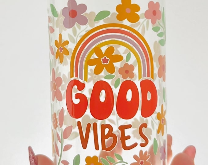 Good Vibes Tumbler Cup | Positive Affirmation Water Bottle | Cute Rainbow Flower Cup | Mental Health Gift | Aesthetic Self Care | 16oz Glass