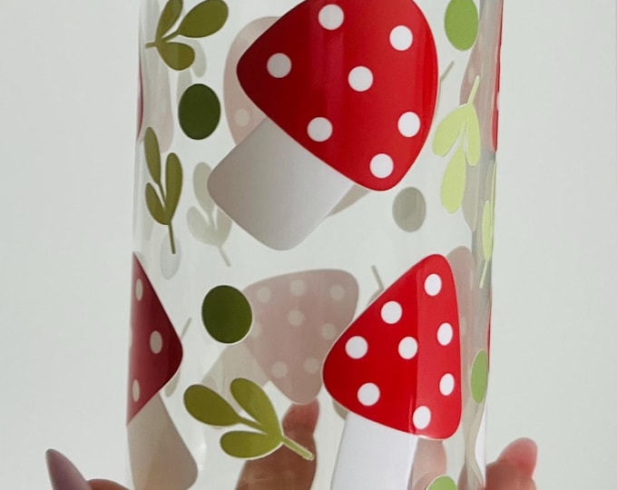 Toadstools | Glass Iced Coffee Tumbler | 16oz with lid & straw | Whimsical Gift