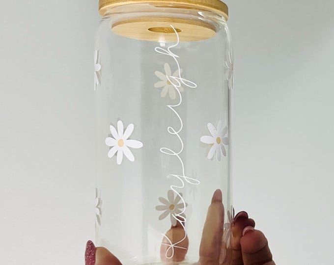 Daisy Glass Cold Cup | Bamboo Lid | Glass Straw | Iced Coffee Cup | Bridesmaid gift