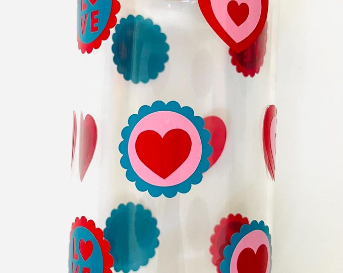 Valentines Gift | Heart Pattern Glass Tumbler | Iced Coffee Cup | 16oz with Bamboo Lid
