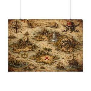 Mapa del tesoro pirata vintage para pared, póster de aventura náutica, decoración de estilo antiguo.