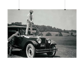Fotoprint grappige antieke auto golfer, vintage muurkunst