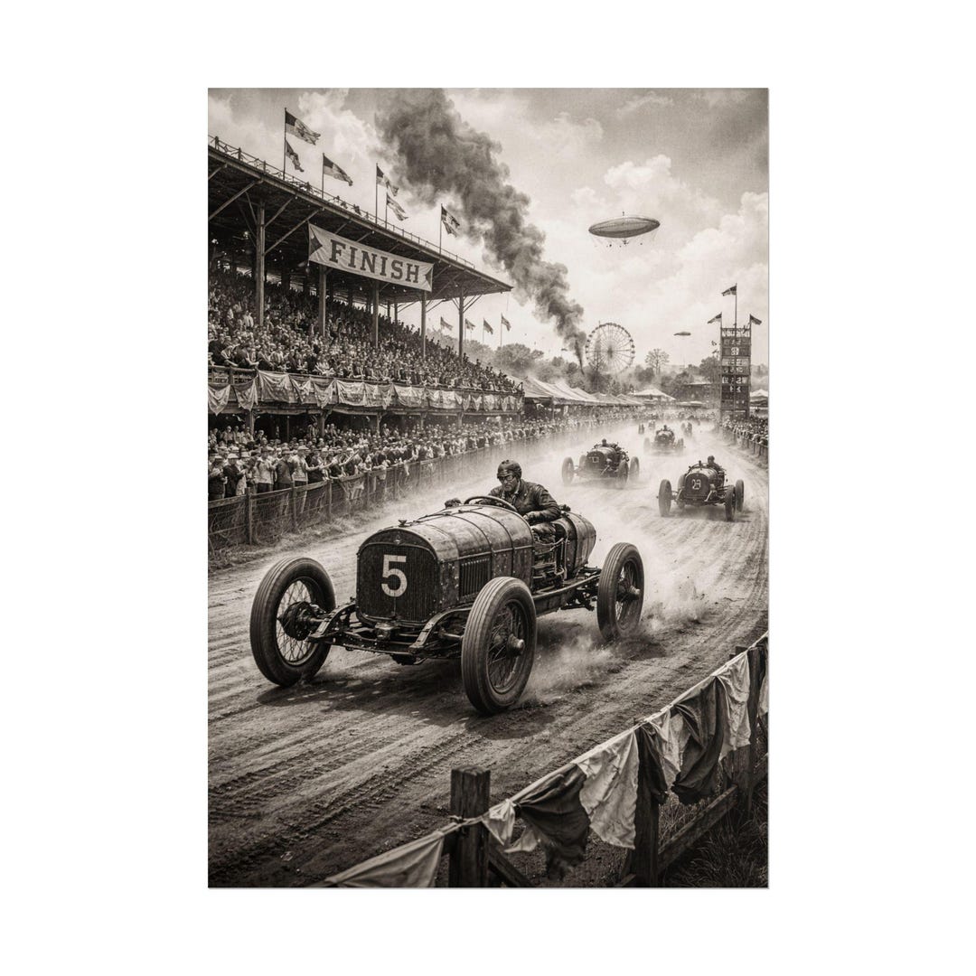 Vintage 1900s Race Car Poster, Auto Racing Wall Art, Black and White ...