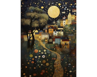 Gustav Klimt Inspired Starry Village Poster Wall Art Dreamy Moonlit Landscape