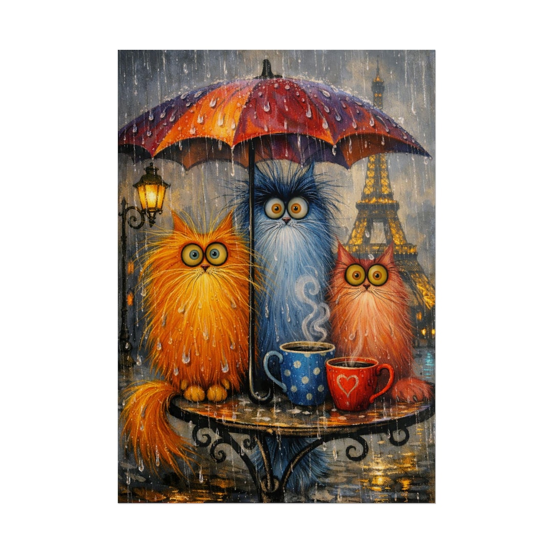 Whimsical Cats in Paris Rainy Day Poster, Eiffel Tower Umbrella Art ...