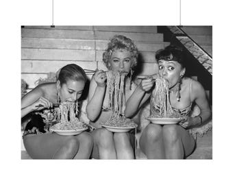 Women Eating Spaghetti Vintage Photography Poster, Black and White Pasta Art Wall Decor