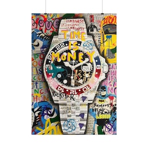 Könnte beinhalten: Ein farbenfroher Kunstdruck mit einem großen Uhrendesign mit den Worten "TIME IS MONEY" in Gelb. Das Kunstwerk enthält Graffiti-Elemente, darunter ein Flugzeug, Diamanten und den Text "ROCKSTAR".