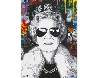 Póster de arte urbano de Banksy con la reina Isabel II, lámina decorativa de arte pop callejero.