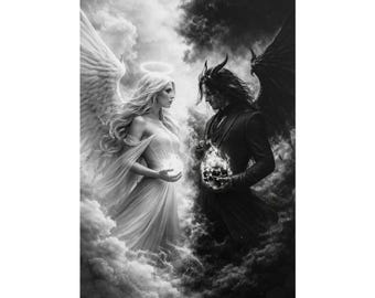 Póster de arte surrealista de ángeles y demonios, póster gótico de Yin Yang