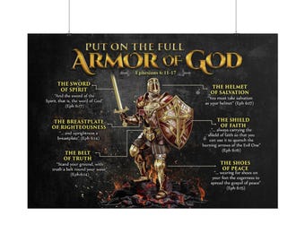 May include: Poster depicting a golden knight in full armour, holding a sword and shield, with text overlay. The text reads "PUT ON THE FULL ARMOR OF GOD" and includes Bible verses from Ephesians 6:11-17. The image is set against a dark background.