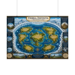 Terra Infinita Fantasy Map Poster , Ancient World Atlas Wall Art ,  Mythical Ice Wall Illustration