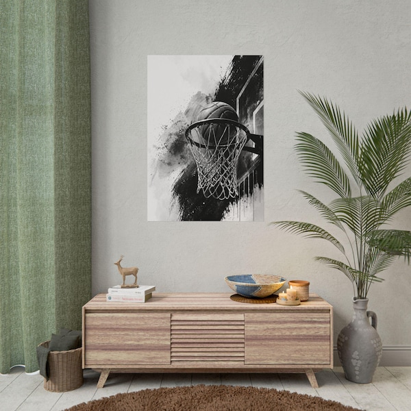 Black and White Basketball Hoop Art Poster, Urban Ink Style, High Contrast Sports Poster