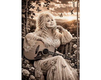 May include: A sepia-toned portrait of a blonde person with voluminous hair sitting on a wooden swing, wearing a long-sleeved floral dress. They are holding an acoustic guitar. The scene includes butterflies, a hummingbird, and a sunset background.
