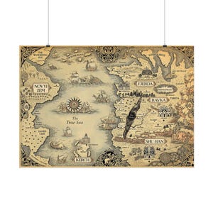May include: A detailed fantasy map poster with a vintage aesthetic. The map features intricate illustrations of ships, islands, and fantastical locations. The text includes names like "The True Sea," "Kerch," and "Shu Han." The color palette is primarily beige and brown.