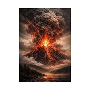 May include: A dramatic landscape print depicting a volcanic eruption. The image shows a mountain spewing lava and smoke, with lightning strikes in the sky. The scene includes a body of water and trees in the foreground, with a cloudy sky.