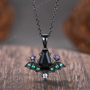Gothic Bat Wing Pendant Coffin Black Onyx Emerald Amethyst Star Moon Celestial Necklace Vampire Halloween Black Gold Jewelry Gift