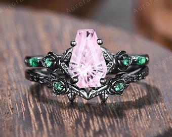 Fireworks Cut Lab Grown Pink Sapphire Coffin Bridal Ring Set Starbrite Sapphire Ring Black Gold Emerald Floral Leaf Band Nature Ring